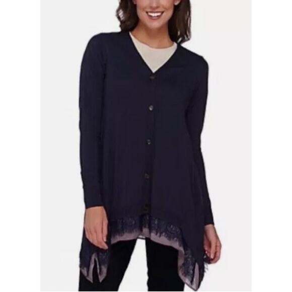 LOGO by Lori Goldstein Sz M Cashmere Blend Cardigan‎ Blackberry Asymmetric Lace - Picture 1 of 10